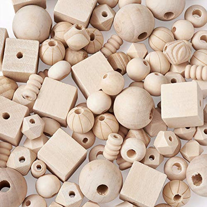 150pcs Assorted Natural Wooden Beads Round/Cube/Polygon/Bicone/Column/Rondelle/Oval Wood Spacer Beads Unfinished Loose Beads for Jewelry Making - WoodArtSupply