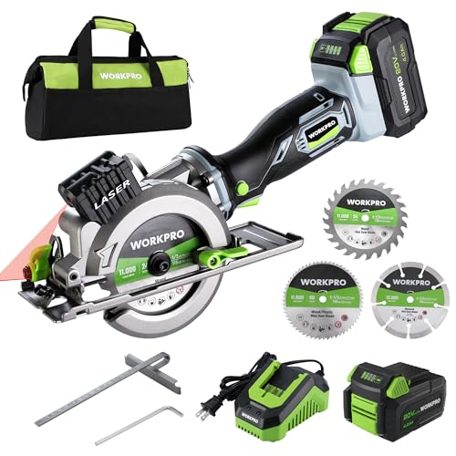 WORKPRO 20V Cordless Mini Circular Saw, 4-1/2" Compact Wireless Circular Saw 4.0Ah Battery, Fast Charger, 3 Saw Blades, 4500RPM, Laser Guide, Max - WoodArtSupply