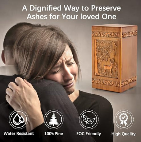 Handmade Wooden Urn for Human Ashes, Urns for Adults Male Female, 250lbs Engraved Burial Cremation Urns for Ashes Men Women(Deer) Aioguisn