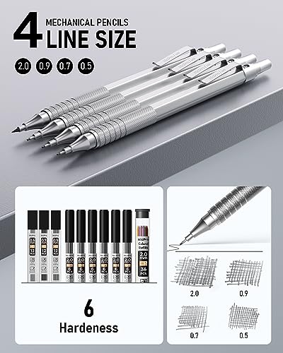 Nicpro 6 Pcs Art Mechanical Pencils Set in Leather Case, 0.5, 0.7, 0.9 mm,  2mm Metal Drafting Pencils, with 15 Tube (4B 2B HB 2H 4H)Lead Refills