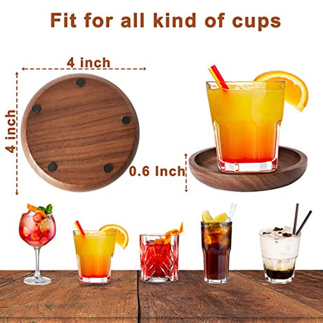 MAPRIAL Wooden Coasters for Drinks, 4 Pack 4 Inch Wood Drink Coasters Set 100% Natural Walnut Coasters for Housewarming Gifts for New Home, Office, MAPRIAL
