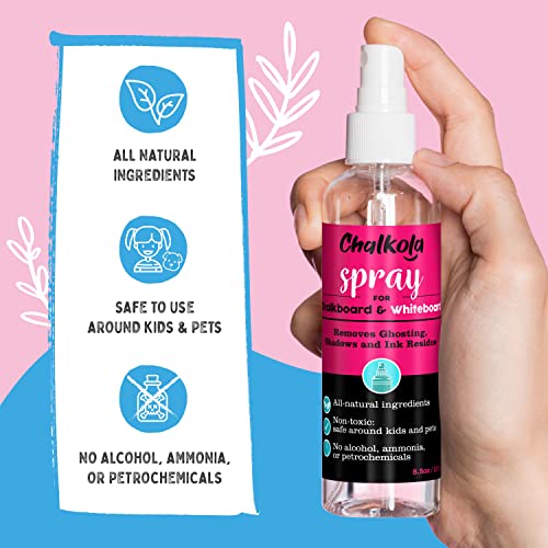 Chalkola Natural Chalkboard Cleaner Spray & Eraser Kit for Liquid Chalk Markers - Suitable for Whiteboard, Blackboard and Dry Erase Boards - Comes Chalkola