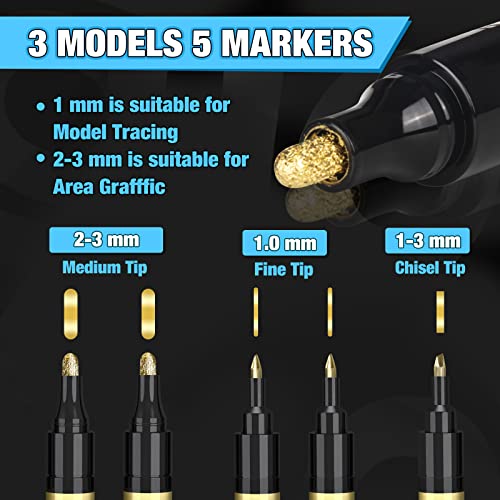 5 Liquid Gold Paint Pens for Art, Mirror Chrome Marker, Reflective Gloss Permanent Marker, Touch Up Repair Paint Pen for Model, Wood, Rock, Glass, DAPAWIN