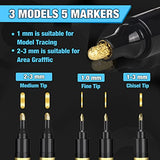 5 Liquid Gold Paint Pens for Art, Mirror Chrome Marker, Reflective Gloss Permanent Marker, Touch Up Repair Paint Pen for Model, Wood, Rock, Glass, DAPAWIN