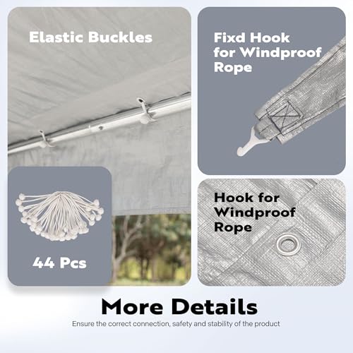VIVOHOME 12x20ft Carport Replacement Canopy Cover, 180G Waterproof & UV Protected Tarp with 48 Elastic Buckles Suit for Garage Shelter, Frame is Not VIVOHOME