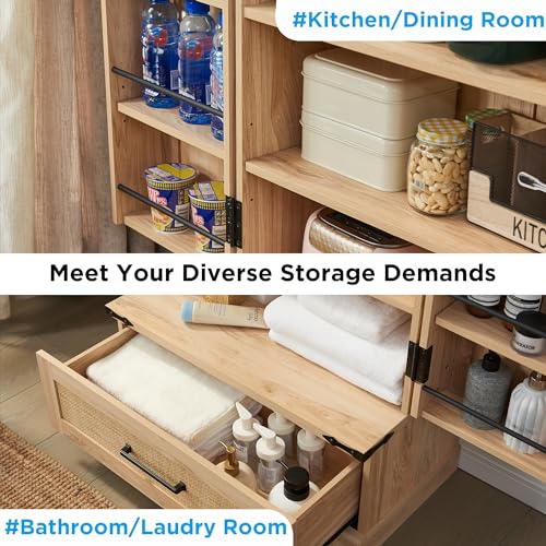 ACCOHOHO 72" Tall Rattan Kitchen Pantry Cabinet with Drawer, Boho Storage Cabinet with 2 Rattan Doors and Shelves, Versatile Large Cabinet for Dining ACCOHOHO