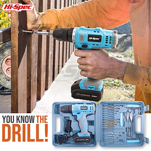 Hi-Spec 50pc 12V Cordless Drill Driver Set Electric Battery Powered - Portable Tool Box and Bit Set for DIY Projects, Home Repair, and Professional Hi-Spec