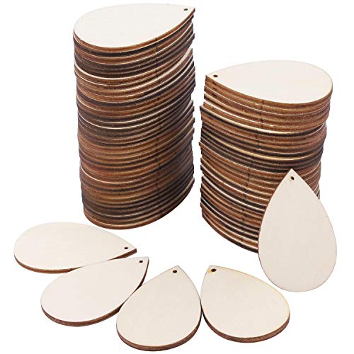 100 Pieces Unfinished Blank Wood Teardrop Earring Pendant for Christmas Tree Decoration, Jewelry Supplies and DIY Making, 1.4 x 2.2 inch