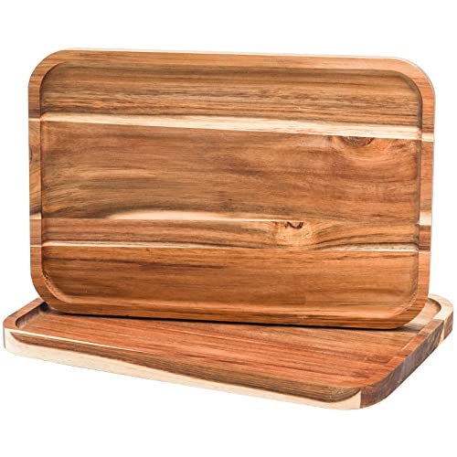 YOUEON Set of 2 Acacia Wood Serving Tray with Raised Lip, 14.2 x 9.5 Inch Rectangular Serving Tray, Appetizer Cheese Plate, Sandwich Dessert Trays,