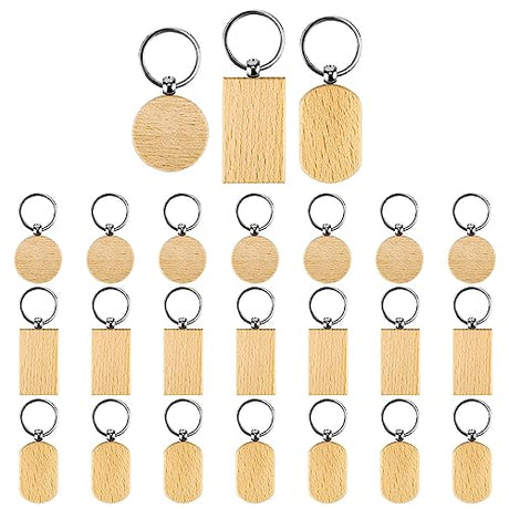 24pcs Wooden Keychain Blanks, Round Square Oval Engraving Blanks Wood Blanks Unfinished Wooden Key Ring Key Tag for DIY Gift Crafts SAVITA