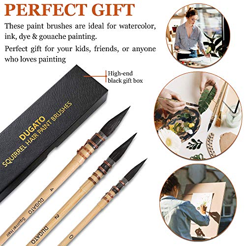 Professional Watercolor Squirrel Hair Paint Brushes by DUGATO, Mop Round Fine Tip Detail Paintbrush Set for Art Painting, Gouache, Fine Detailing, DUGATO