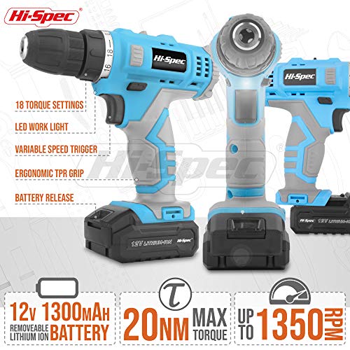 Hi-Spec 50pc 12V Cordless Drill Driver Set Electric Battery Powered - Portable Tool Box and Bit Set for DIY Projects, Home Repair, and Professional Hi-Spec