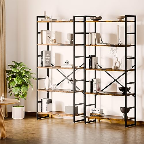 Shintenchi Rustic Brown 5-Tier Industrial Bookcase for Home, Office, and Living Spaces - WoodArtSupply