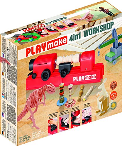 PLAYmake 4 in 1 Child-Safe Wood Workshop | World’s Only Kid-Friendly Working Jigsaw | Cuts Through Soft Wood with No Risk of Injury | Secure Base to - WoodArtSupply