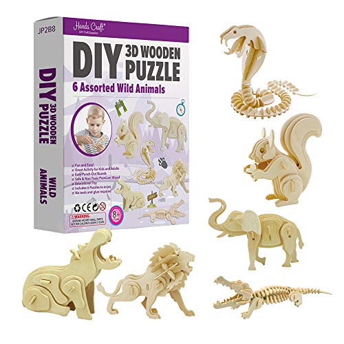 Hands Craft DIY 3D Wooden Puzzle – 6 Assorted Wild Animals Bundle Pack Set Brain Teaser Puzzles Educational STEM Toy Adults and Kids to Build Safe Hands Craft