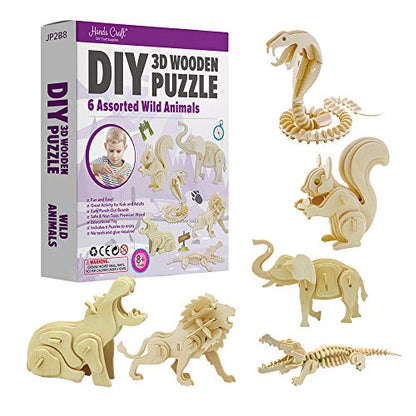 Hands Craft DIY 3D Wooden Puzzle – 6 Assorted Wild Animals Bundle Pack Set Brain Teaser Puzzles Educational STEM Toy Adults and Kids to Build Safe