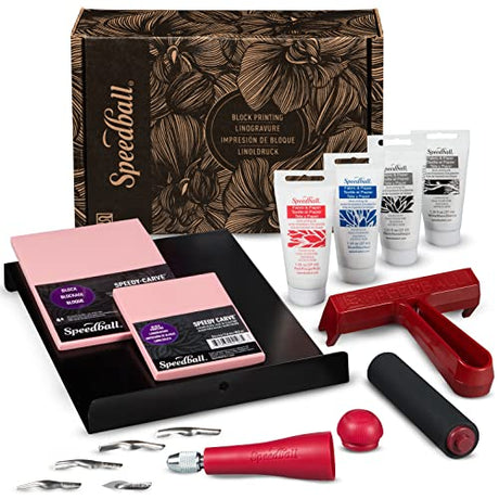 Speedball Block Printing Fabric Deluxe Kit, 14 Pieces, Includes Inks, Brayer, Bench Hook, Lino Handle and Cutters, Speedy-Carve Relief Blocks Speedball