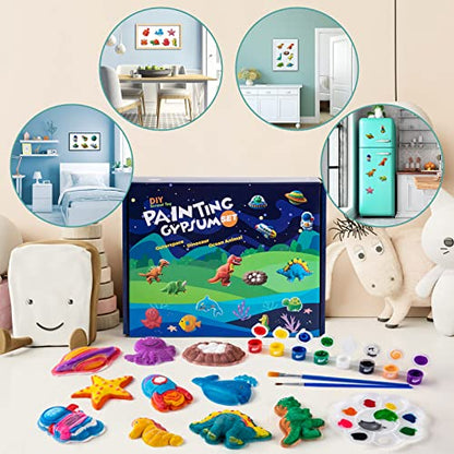 Juboury Kids Arts and Crafts Plaster Painting Craft Kit Art Set - Painting Your Own Space Dinosaurs & Marine Life Figurines - Ceramic Painting Kit - WoodArtSupply