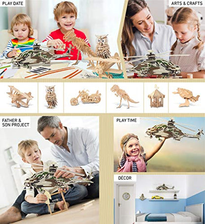 Puzzled 3D Puzzle Apache Helicopter Wood Craft Construction Model Kit, Fun Unique & Educational DIY Wooden Toy Assemble Model Unfinished Crafting - WoodArtSupply