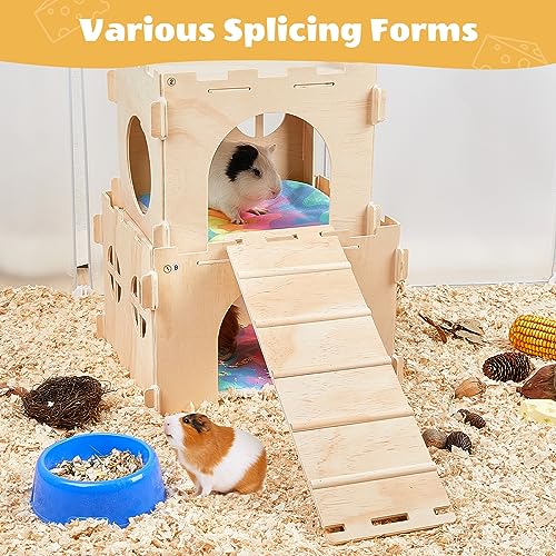 Guinea Pig Hideout, Guinea Pig House with Stairs and Mats Extra Large Guinea Pig Castle Detachable Hideouts for Small Animals Wooden Guinea Pig Unicorn Catcher