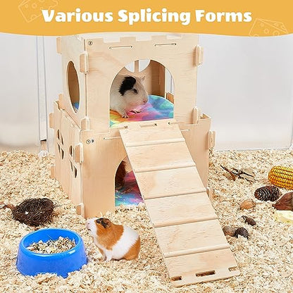 Guinea Pig Hideout, Guinea Pig House with Stairs and Mats Extra Large Guinea Pig Castle Detachable Hideouts for Small Animals Wooden Guinea Pig - WoodArtSupply