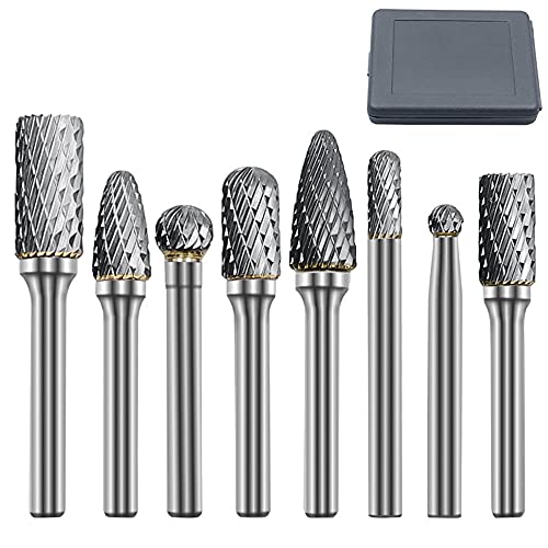 ASNOMY 8pcs Carbide Burr Set with 1/4''(6mm) Shank Double Cut Solid Carbide Rotary Burr Set Cutting Burrs for Die Grinder Drill, Metal Wood Carving, ASNOMY
