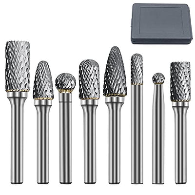 ASNOMY 8pcs Carbide Burr Set with 1/4''(6mm) Shank Double Cut Solid Carbide Rotary Burr Set Cutting Burrs for Die Grinder Drill, Metal Wood Carving,