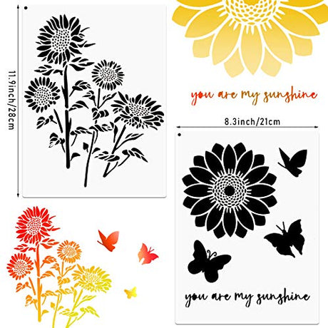6 Pieces Sunflower Stencil Kit, Reusable Family Tree Stencil Flower Butterfly Painting Templates You are My Sunshine Stencil with Metal Open Ring for Zonon