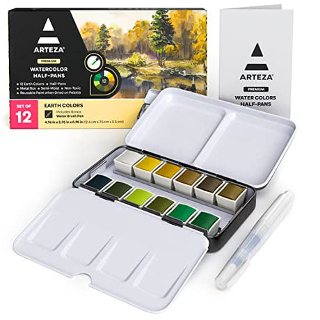 ARTEZA Watercolor Paint Set with Water Brush, 12 Watercolor Half Pans in Earth Tones, Semi Moist, Art Supplies for Painting Stunning Landscapes ARTEZA