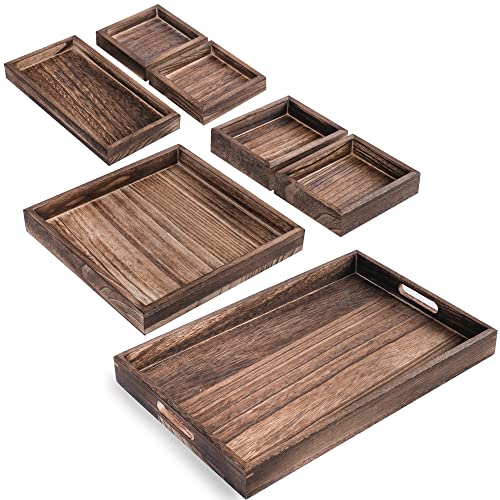 LotFancy Wooden Serving Trays, 7 Piece Set, Rustic Nesting Food Trays with Handles, Decorative Charcuterie Board Platter for Ottoman, Desktop, Coffee - WoodArtSupply