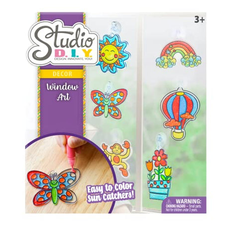 Sunny Days Entertainment Studio DIY Window Art | Kids Stained Glass Window Kit with 12 Sun Catchers, 6 Colored Paint Pens, and Bonus Sticker Sheet Sunny Days Entertainment
