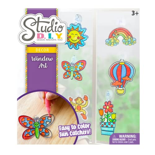 Sunny Days Entertainment Studio DIY Window Art | Kids Stained Glass Window Kit with 12 Sun Catchers, 6 Colored Paint Pens, and Bonus Sticker Sheet - WoodArtSupply