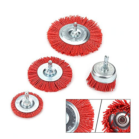 KUOFU 4 Pack Nylon Filament Abrasive Wire Brush Polishing Wheel with 1/4" Hex Shank Surface Cleaning Rust Removal Red 120# - WoodArtSupply
