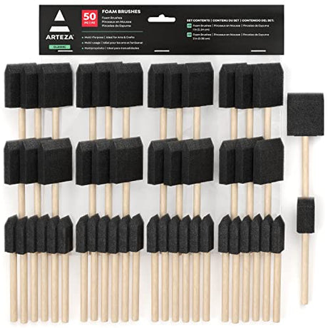 Arteza Foam Paint Brushes, Includes 50 Sponge Brushes, 25 x 1 Inch Brushes and 25 x 2 Inch Brushes, Art Supplies for Painting, DIY, and Wood Staining ARTEZA