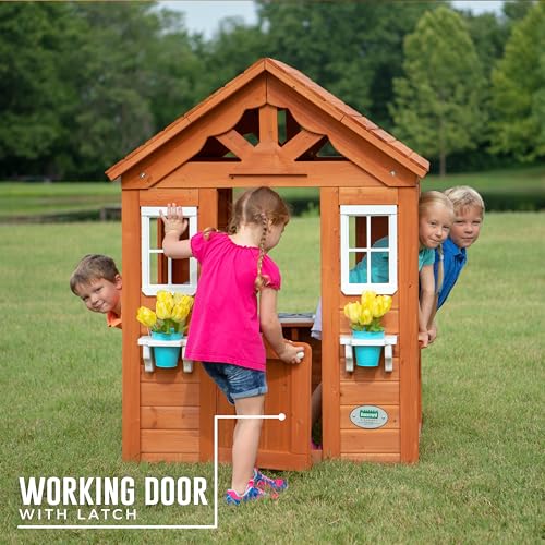 Backyard Discovery Timberlake All Cedar Wooden Playhouse, Country Cottage, Sink, Stove, White Trimmed Windows, Kitchen with Sink and Stove, Flowerpot - WoodArtSupply