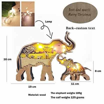 3D Forest Animal Wood Crafts with Light String, Light Up Home Furnishing Wall Carving Decorations Wolf Ornament Wooden Art Wall Decor,Elephant,with Lights