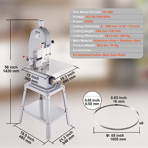 VEVOR Commercial Electric Meat Bandsaw, 1500W Stainless Steel Vertical Bone Sawing Machine, Workbeach 19.3" x 15", 0.16-7.9 Inch Cutting Thickness, - WoodArtSupply