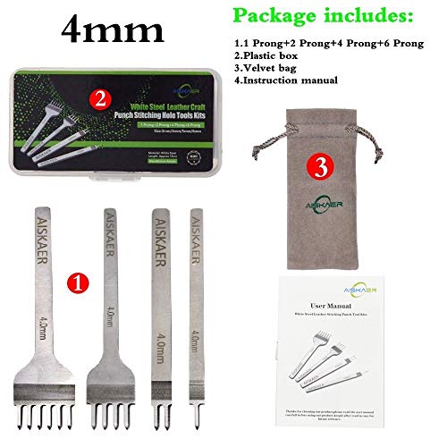 Aiskaer White Steel 4mm 1/2/4/6 Prong DIY Diamond Lacing Stitching Chisel Set Leather Craft Kits - WoodArtSupply