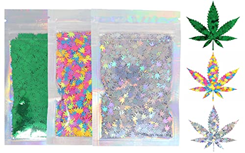 3 Pack - Green, Rainbow & Silver Holographic Leaf Glitter - Solvent Resistant & Cosmetic Grade - Face Body Nails Resin Arts & Crafts, Tumblers, Bath Electric Bliss Beauty
