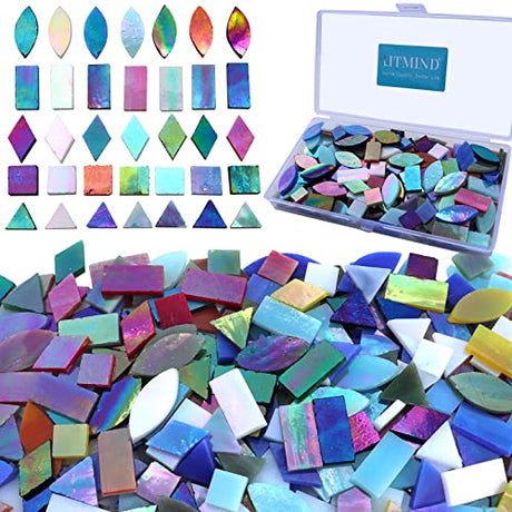 LITMIND Iridescent Glass Mosaic Tiles for Crafts, 240 Pieces 5 Shapes Mixed Stained Glass Sheets, Mosaic Kits for Adults (Iridescent Mix) LITMIND