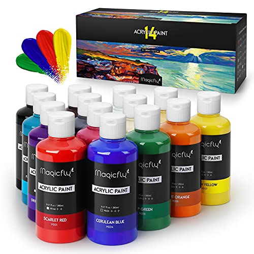 Magicfly Bulk Acrylic Paint Set, 14 Rich Pigments Colors (280 ml/9.47 fl oz.) Acrylic Paint Bottles, Non-Fading, Non-Toxic Craft Paints for Painting - WoodArtSupply