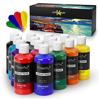 Magicfly Bulk Acrylic Paint Set, 14 Rich Pigments Colors (280 ml/9.47 fl oz.) Acrylic Paint Bottles, Non-Fading, Non-Toxic Craft Paints for Painting