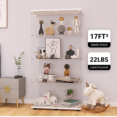 LFT HUIMEI2Y Glass Display Cabinet 4-Shelf with Double Door, Curio Cabinets Fast Installation in 30 Mins, 5mm Tempered Glass Floor Standing Bookshelf