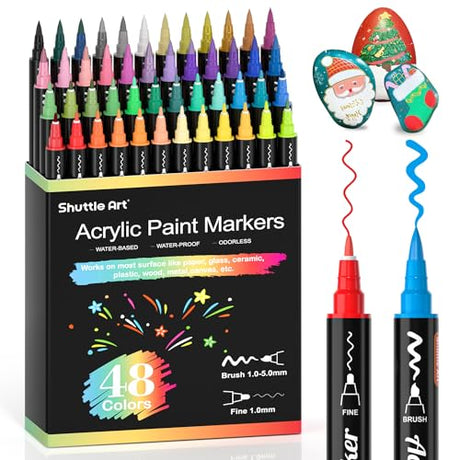 Shuttle Art 48 Colors Dual Tip Acrylic Paint Markers, Brush Tip and Fine Tip Acrylic Paint Pens for Rock Painting, Ceramic, Wood, Canvas, Plastic, Shuttle Art