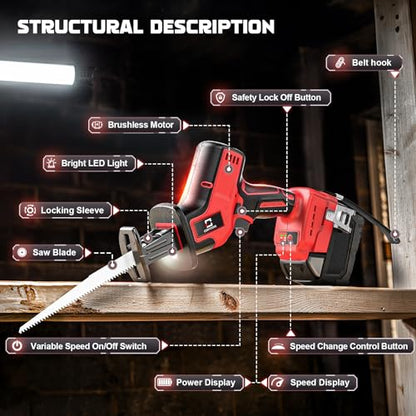 Cordless Reciprocating Saw for Milwaukee m18 18V Battery, Brushless motor, Variable Speed 0-3000 Spm,Tool Free Blade Change, 4 Saw Blades for - WoodArtSupply