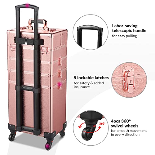 BYOOTIQUE Rolling Manicure Table 4in1 Makeup Train Case Foldable Nail Desk Cosmetology Case on Wheels with Built-in Dust Collector for Technician AW