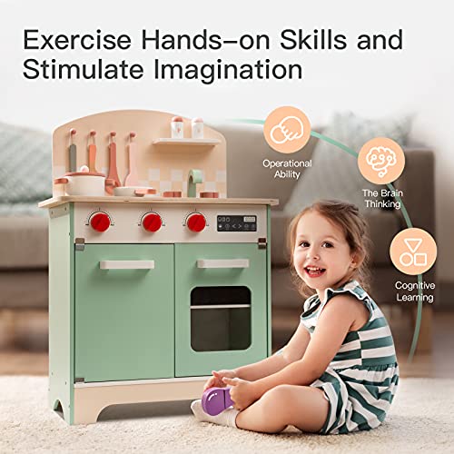 ROBOTIME Wooden Kitchen Playset for Kids Toddler, Wood Chef Pretend Play Kitchen Preschool Toy Kitchen Sets for Kids Boys Girls Ages 3 to 8 (Green)