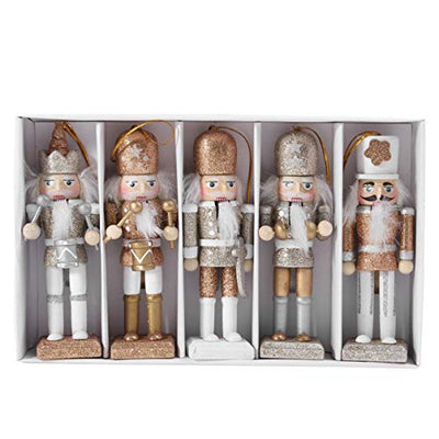 SEWACC 5 Pcs Christmas Nutcracker Wooden Nutcracker Ornaments Christmas Decoration Unfinished Nutcracker Figurines Puppet (White Gold)