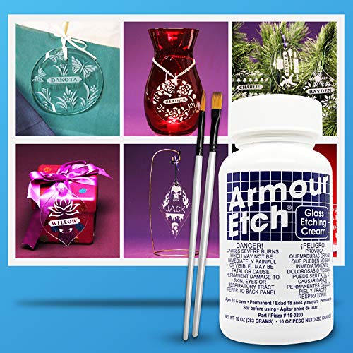 Armour Etch Glass Etching Cream Kit - Create Permanently Etched Designs - 10oz Net Weight - Bundled with Moshify Application Brushes - WoodArtSupply