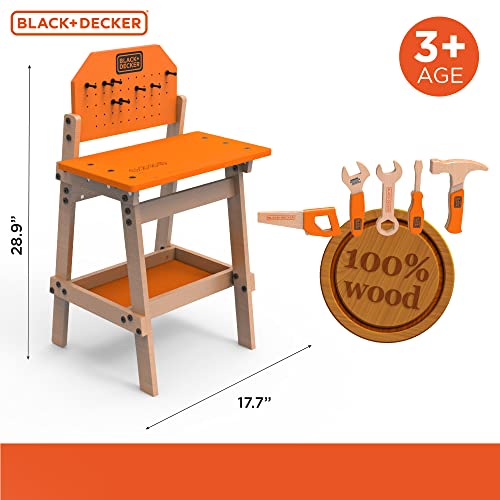 Black & Decker Kids Workbench and six Piece Wooden Tool Set for Girls and Boys, Pretend Play Construction Tools Black & Decker